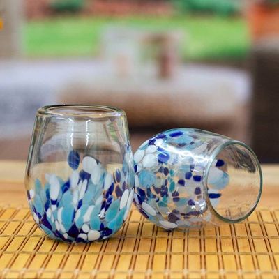 Alternate image for 6 Blue and White Spotted Handblown Stemless Wine Glasses Blue Confetti