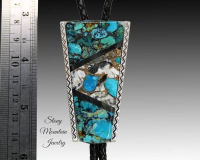 Alternate image for Modern Turquoise Inlay Bolo Tie in Sterling Silver with White Buffalo Matrix & Black Jade, Custom Designer Wedding Bolo Tie, Alternative Necktie