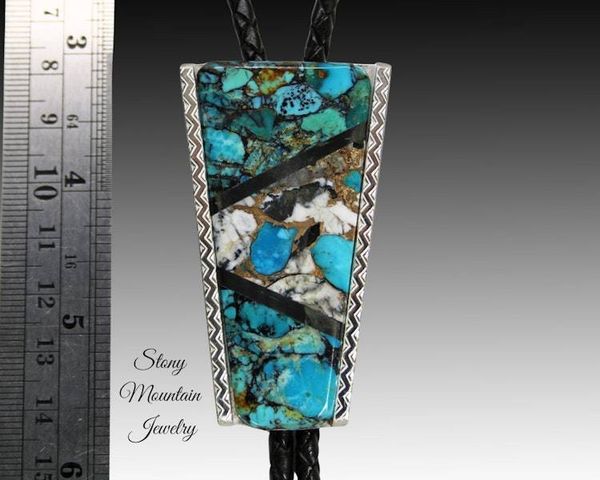 Alternate image for Modern Turquoise Inlay Bolo Tie in Sterling Silver with White Buffalo Matrix & Black Jade, Custom Designer Wedding Bolo Tie, Alternative Necktie