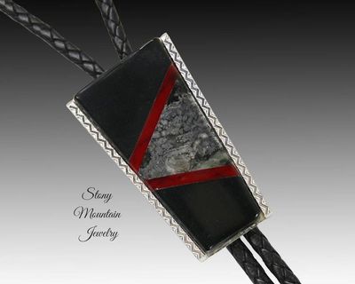 Primary image for Native Silver Inlay Bolo Tie with Black Jade & Red Jasper, Custom Designer Wedding Bolo Ties for Men or Women, Unique Gift