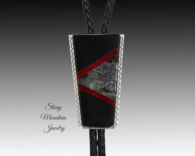 Alternate image for Native Silver Inlay Bolo Tie with Black Jade & Red Jasper, Custom Designer Wedding Bolo Ties for Men or Women, Unique Gift