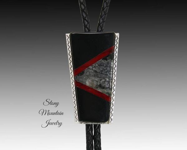 Alternate image for Native Silver Inlay Bolo Tie with Black Jade & Red Jasper, Custom Designer Wedding Bolo Ties for Men or Women, Unique Gift