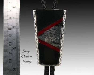 Alternate image for Native Silver Inlay Bolo Tie with Black Jade & Red Jasper, Custom Designer Wedding Bolo Ties for Men or Women, Unique Gift