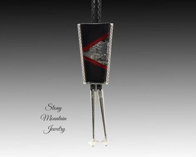 Alternate image for Native Silver Inlay Bolo Tie with Black Jade & Red Jasper, Custom Designer Wedding Bolo Ties for Men or Women, Unique Gift