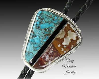 Alternate image for Turquoise Inlay Bolo Tie with Wild Horse Magnesite & Black Agate, Custom Designer Wedding Bolo Ties for Men or Women, Unique Gift