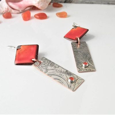 Primary image for Carnelian Gemstone Sunset Orange Earrings with Silver Bar