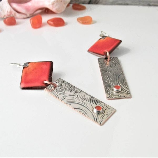 Alternate image for Carnelian Gemstone Sunset Orange Earrings with Silver Bar