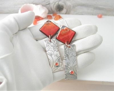 Alternate image for Carnelian Gemstone Sunset Orange Earrings with Silver Bar