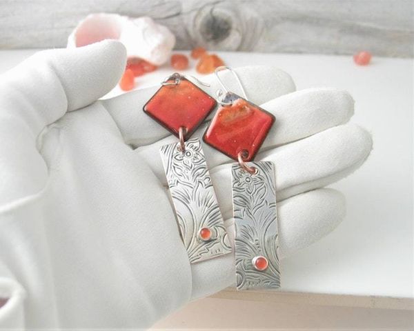 Alternate image for Carnelian Gemstone Sunset Orange Earrings with Silver Bar