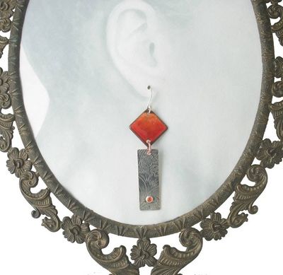 Alternate image for Carnelian Gemstone Sunset Orange Earrings with Silver Bar