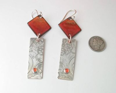 Alternate image for Carnelian Gemstone Sunset Orange Earrings with Silver Bar