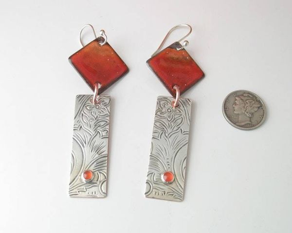 Alternate image for Carnelian Gemstone Sunset Orange Earrings with Silver Bar