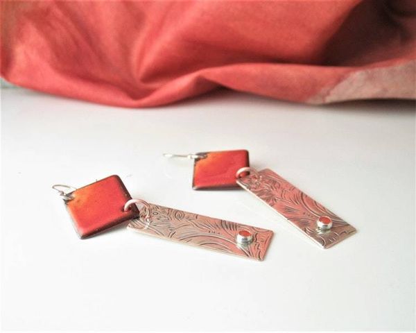 Alternate image for Carnelian Gemstone Sunset Orange Earrings with Silver Bar