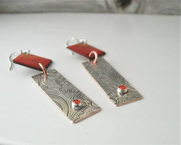 Alternate image for Carnelian Gemstone Sunset Orange Earrings with Silver Bar