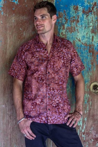 Primary image for Fair Trade Mens Cotton Batik Shirt in Reds from Bali Light and Shadow
