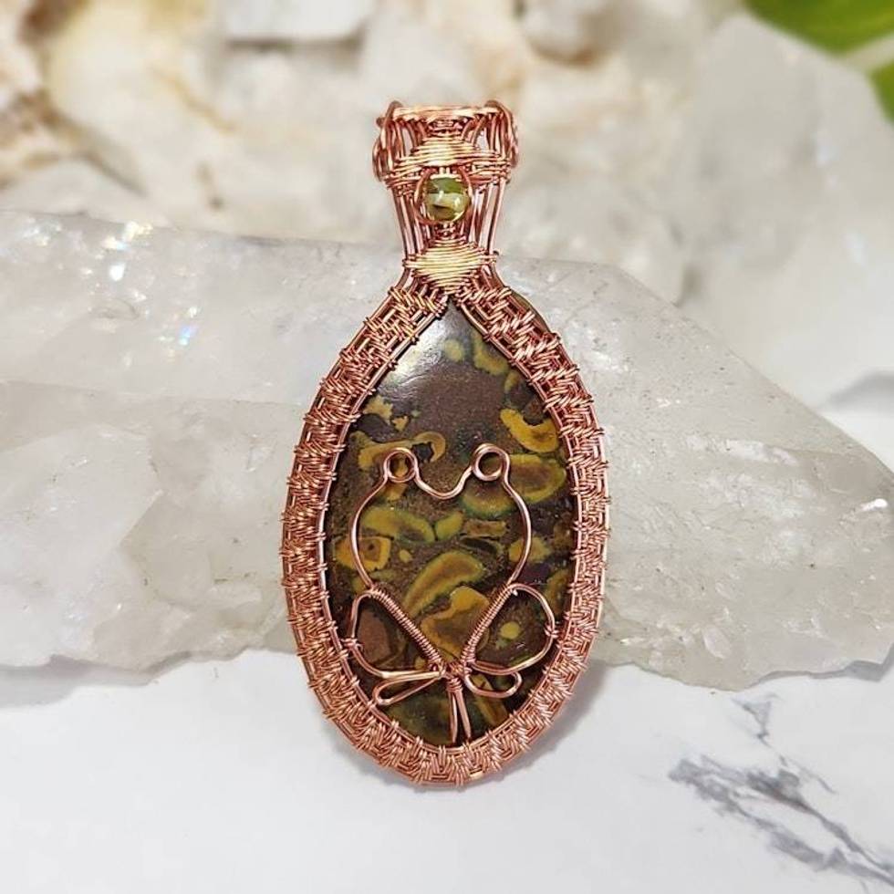 Fruit Jasper Copper Wire Wrapped Frog Pendant