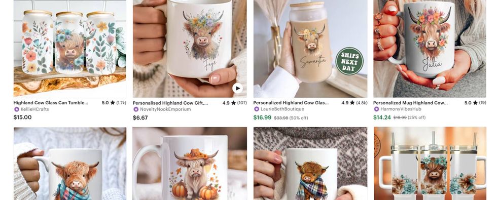 Screenshot of a handmade platform with results for Highland Cow. All results are similar image sublimated or printed onto blank non-handmade product.
