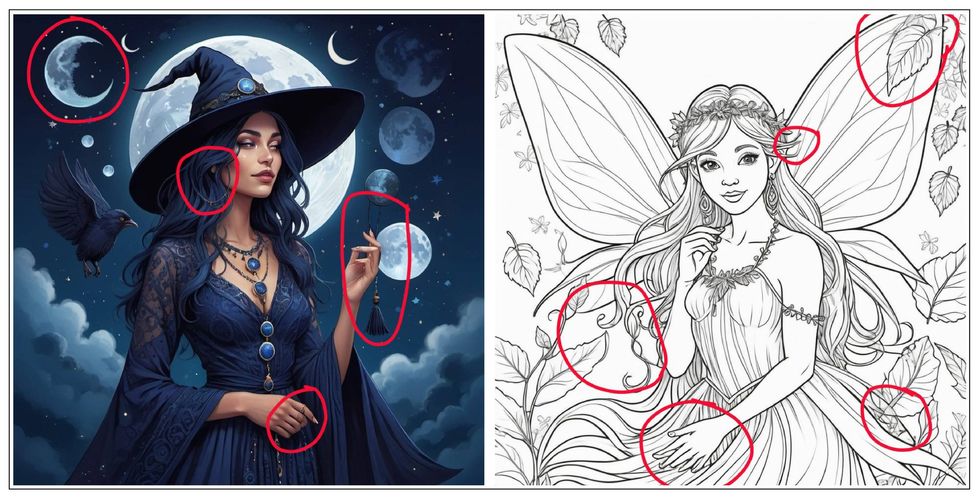 Two examples of AI generated art showing inconsistencies within the art itself due to the generation.