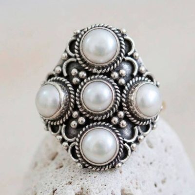 Primary image for White Pearl and Sterling Silver Indian Style Ring  Iridescent Princess