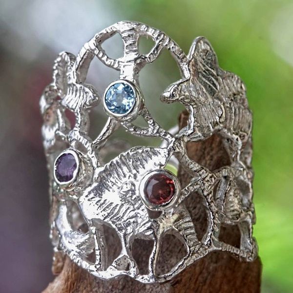 Alternate image for Wide Sterling Silver Ring with Amethyst Garnet and Topaz Baroque Bali