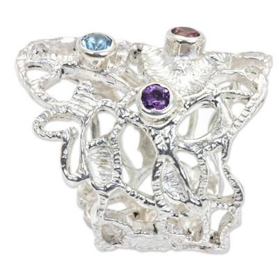 Alternate image for Wide Sterling Silver Ring with Amethyst Garnet and Topaz Baroque Bali