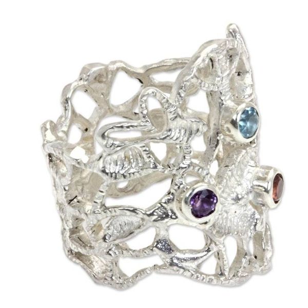 Alternate image for Wide Sterling Silver Ring with Amethyst Garnet and Topaz Baroque Bali
