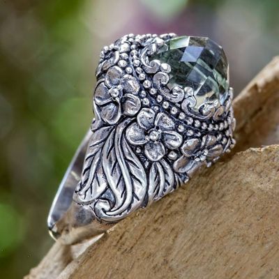 Primary image for Prasiolite and Sterling Silver Floral Cocktail Ring Graceful Plumeria