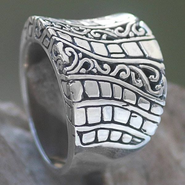 Alternate image for Hand Crafted Engraved Sterling Silver Band Ring from Bali Banana Tree Bark