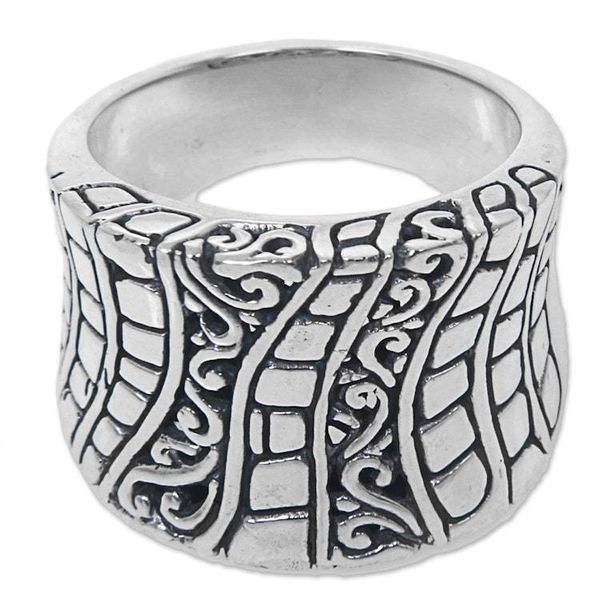 Alternate image for Hand Crafted Engraved Sterling Silver Band Ring from Bali Banana Tree Bark