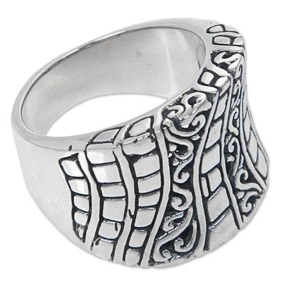 Alternate image for Hand Crafted Engraved Sterling Silver Band Ring from Bali Banana Tree Bark