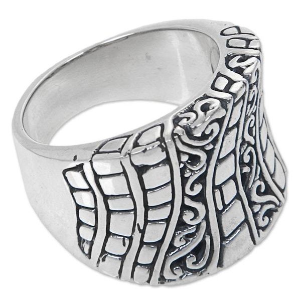 Alternate image for Hand Crafted Engraved Sterling Silver Band Ring from Bali Banana Tree Bark