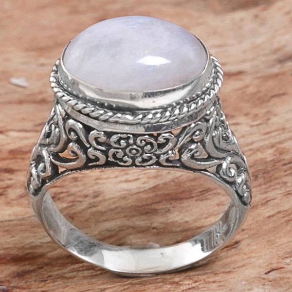 Alternate image for Rainbow Moonstone Single Stone Ring from Indonesia Bali Eye