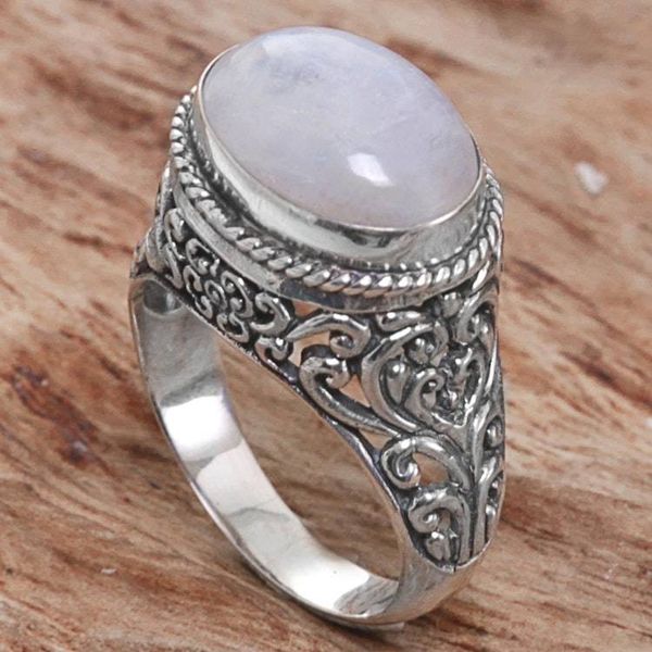 Alternate image for Rainbow Moonstone Single Stone Ring from Indonesia Bali Eye