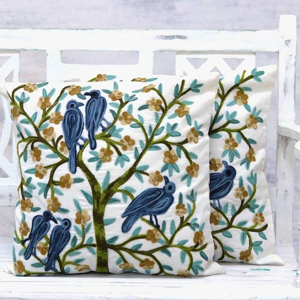 Cotton Aari Embroidery Cushion Covers Pair from India 'Nature's Delight'
