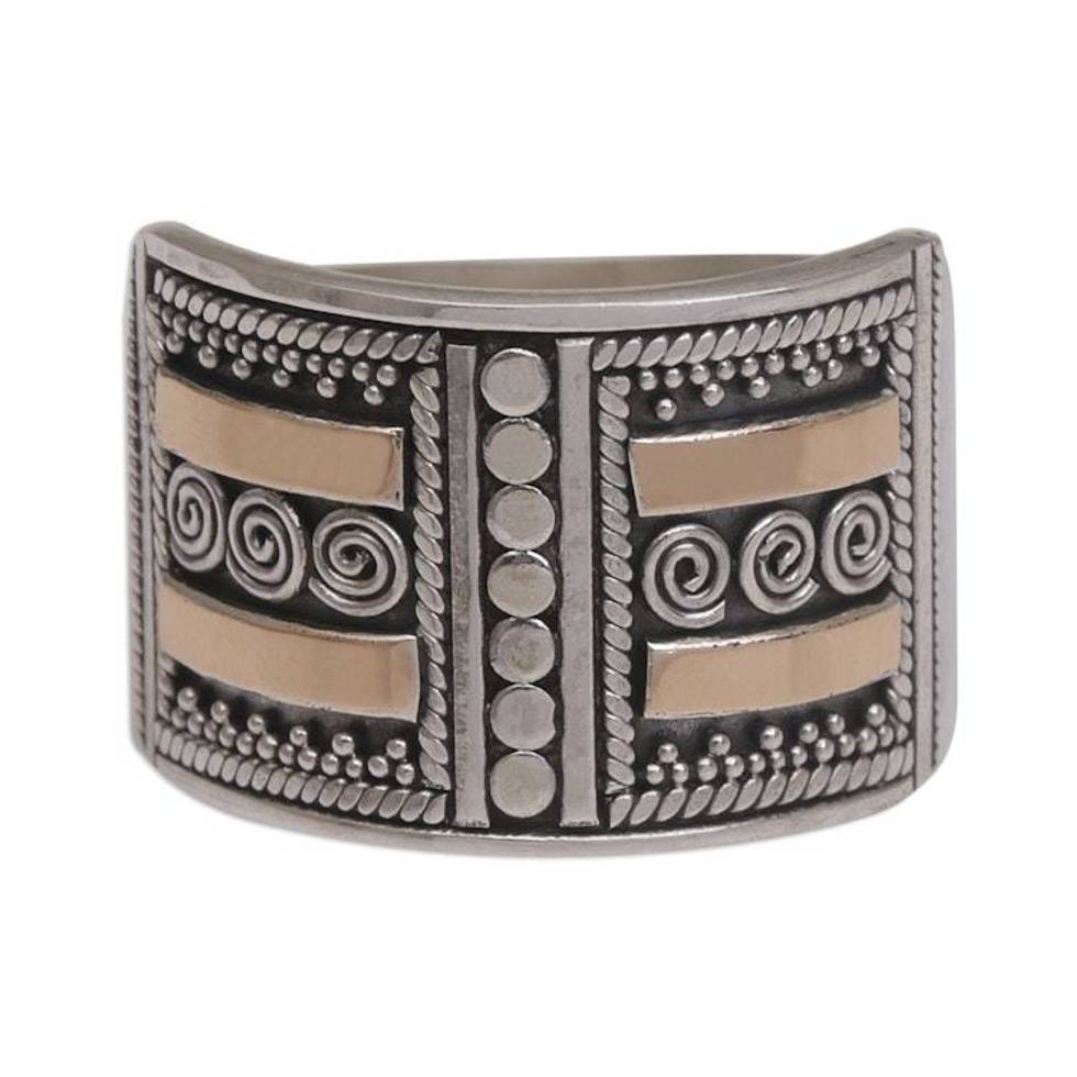 Handmade Sterling Silver Band Ring with 18k Gold Accent 'Ancient Symmetry'