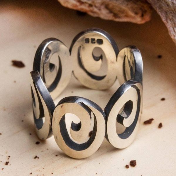 Alternate image for Mens Spiral Motif Sterling Silver Band Ring from Mexico Striking Spirals
