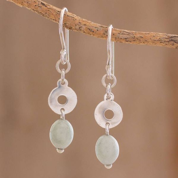 Alternate image for Circular Apple Green Jade Dangle Earrings from Guatemala Ancestral Rings