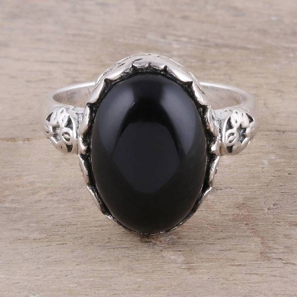 Oval Onyx Cocktail Ring in Black from India 'Glamorous Beauty in Black'