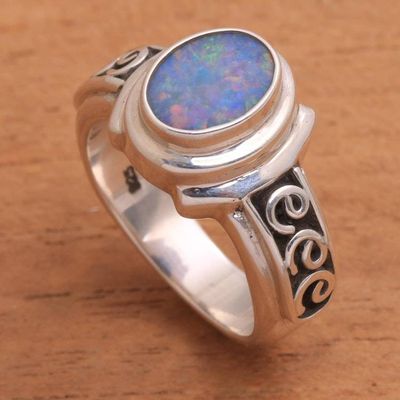 Primary image for Opal Doublet Sterling Silver with Swirl Motifs Ring Opal Sky