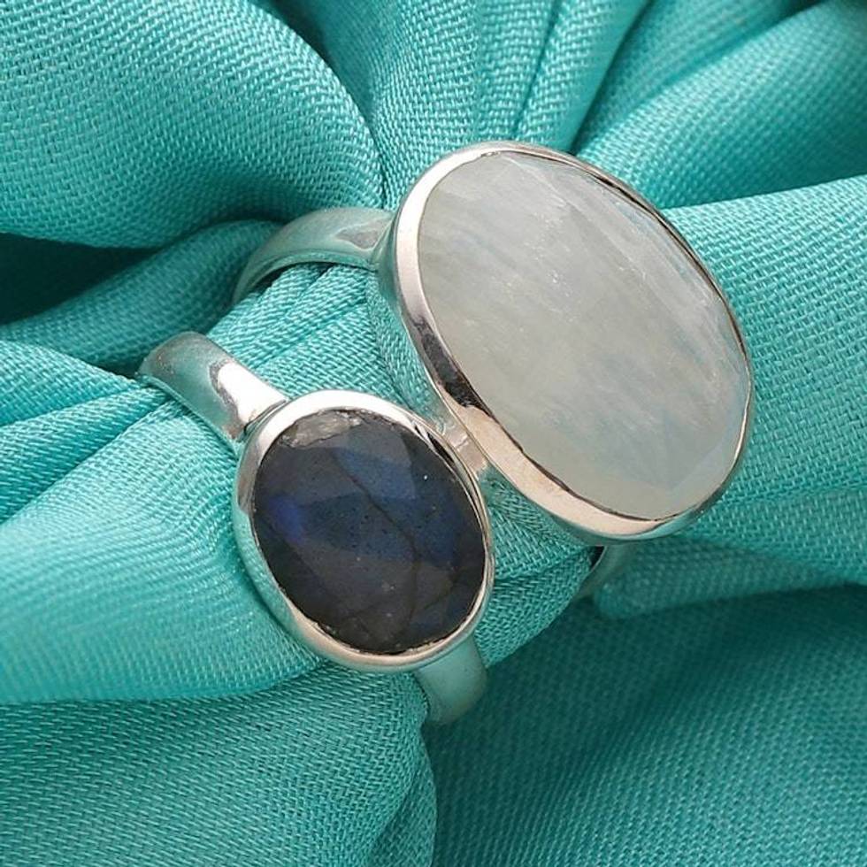 Rainbow Moonstone and Labradorite Cocktail Ring from India 'Evening Elegance'