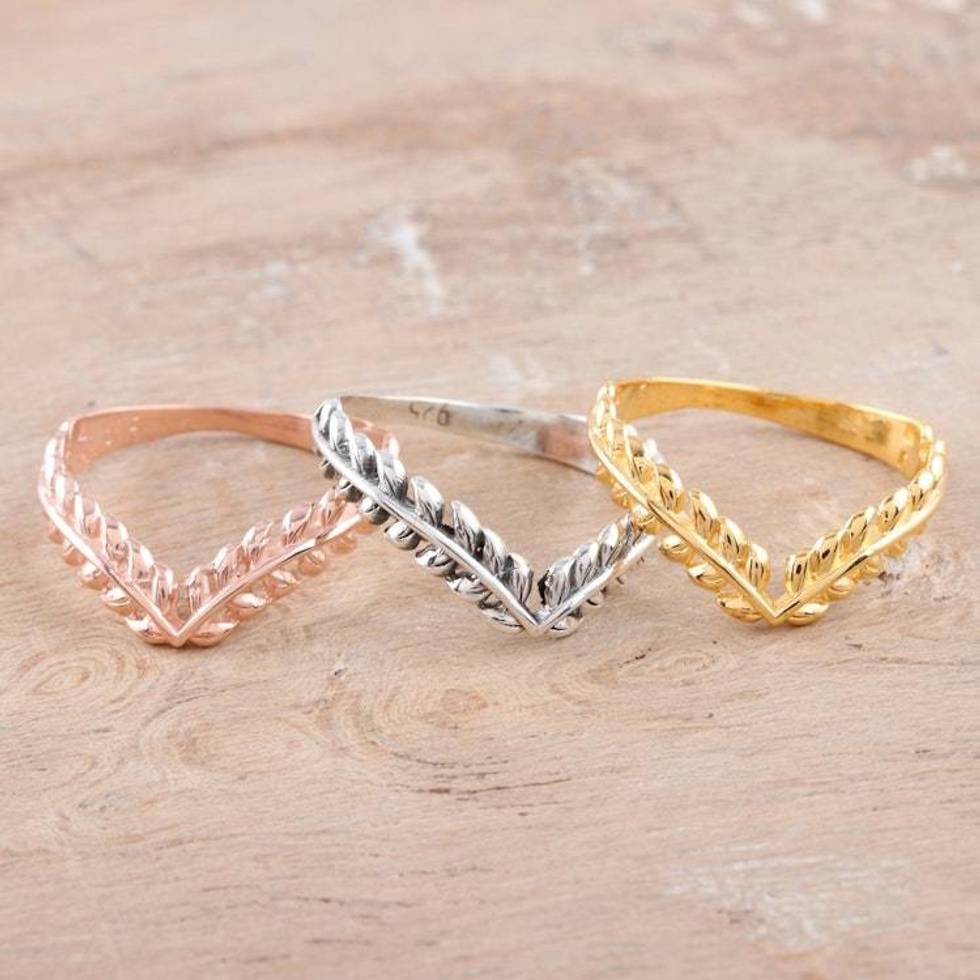 Gold Plated Sterling Silver Ring Trio with Leafy Crown Motif 'Leafy Crown'