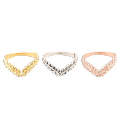 Alternate image for Gold Plated Sterling Silver Ring Trio with Leafy Crown Motif Leafy Crown
