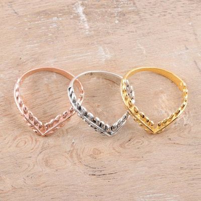 Alternate image for Gold Plated Sterling Silver Ring Trio with Leafy Crown Motif Leafy Crown