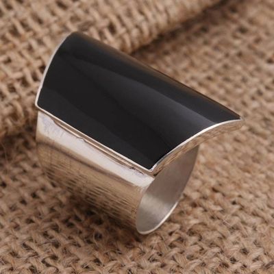 Alternate image for Black Resin and Sterling Silver Chunky Cocktail Ring Black Trapeze