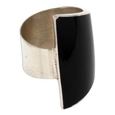 Alternate image for Black Resin and Sterling Silver Chunky Cocktail Ring Black Trapeze