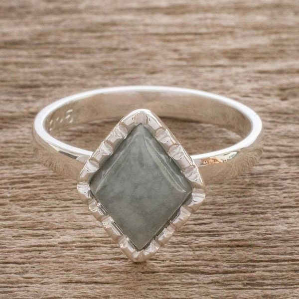 Alternate image for Sterling Silver Ring with an Apple Green Jade Diamond Dark Green Diamond