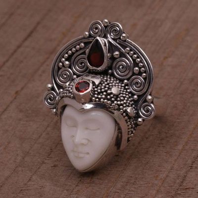 Primary image for Garnet and Sterling Silver Face Cocktail Ring from Bali Janger Crown
