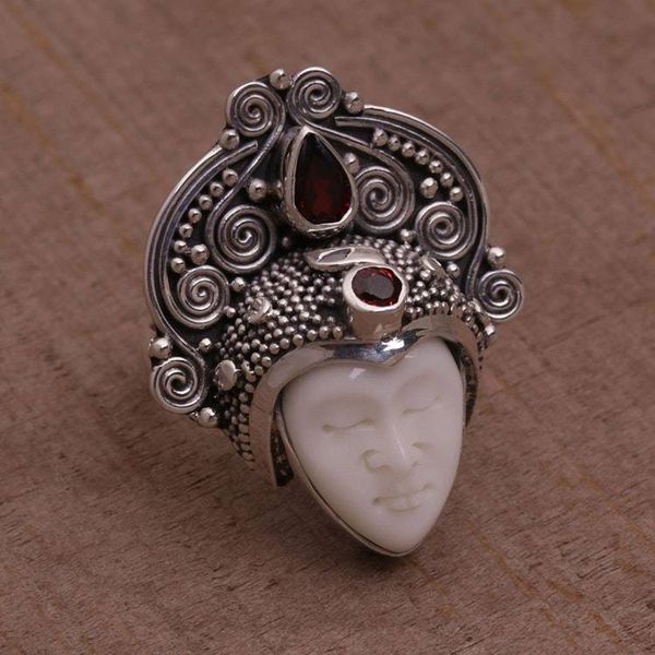 Alternate image for Garnet and Sterling Silver Face Cocktail Ring from Bali Janger Crown
