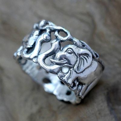 Primary image for Mens Handcrafted Sterling Silver Band Ring Elephant Romance