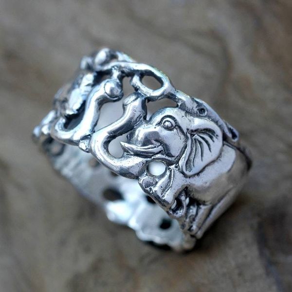 Alternate image for Mens Handcrafted Sterling Silver Band Ring Elephant Romance